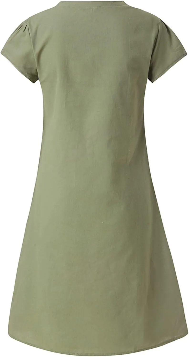 Women Plus Size Cotton Linen Dress Summer Solid Short Sleeve Shirt Dress Loose V-Neck Vacation Beach Dress Sundress