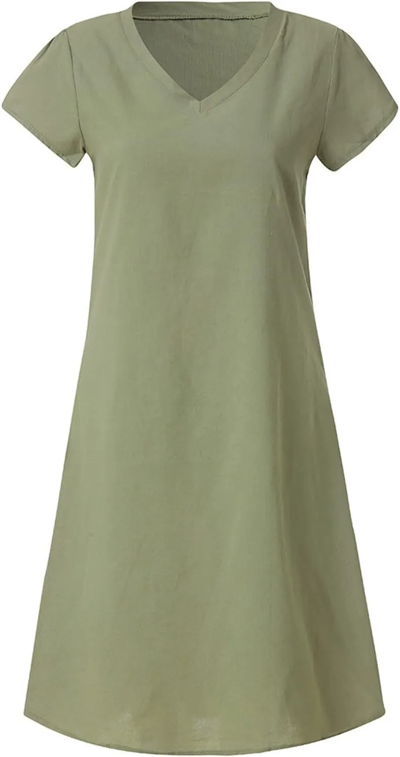 Women Plus Size Cotton Linen Dress Summer Solid Short Sleeve Shirt Dress Loose V-Neck Vacation Beach Dress Sundress