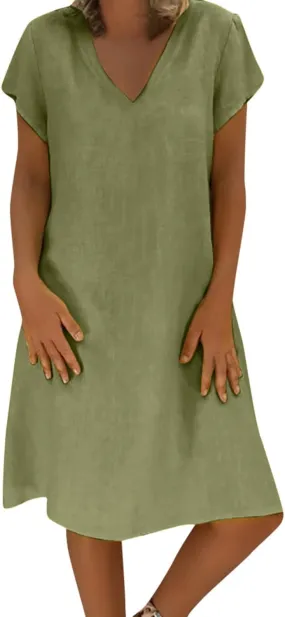 Women Plus Size Cotton Linen Dress Summer Solid Short Sleeve Shirt Dress Loose V-Neck Vacation Beach Dress Sundress
