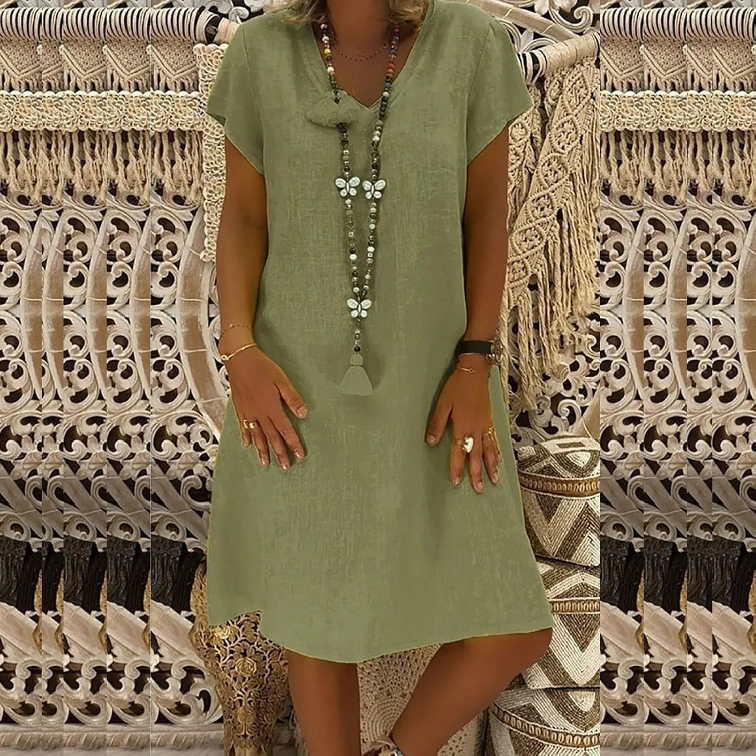 Women Plus Size Cotton Linen Dress Summer Solid Short Sleeve Shirt Dress Loose V-Neck Vacation Beach Dress Sundress