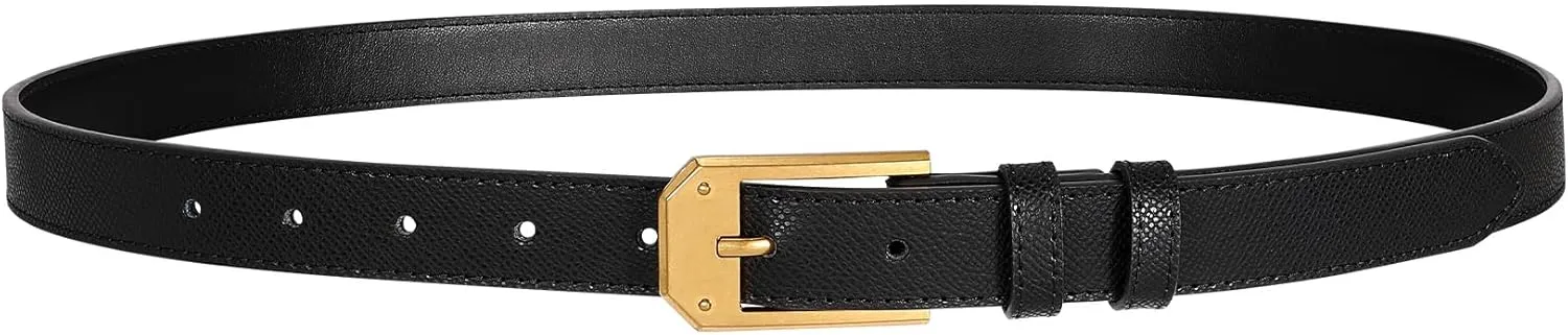 Women Skinny Belt Thin Leather Belt for Jeans Gold Buckle 1.34'' wide