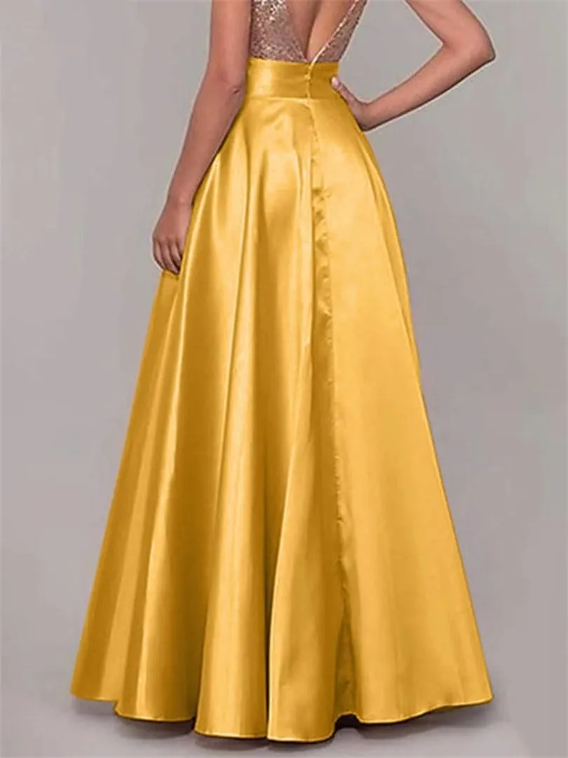 Women Summer OL Satin Skirt Stylish High Waist A-Line Long Skirts Female Solid Party Maxi Skirt