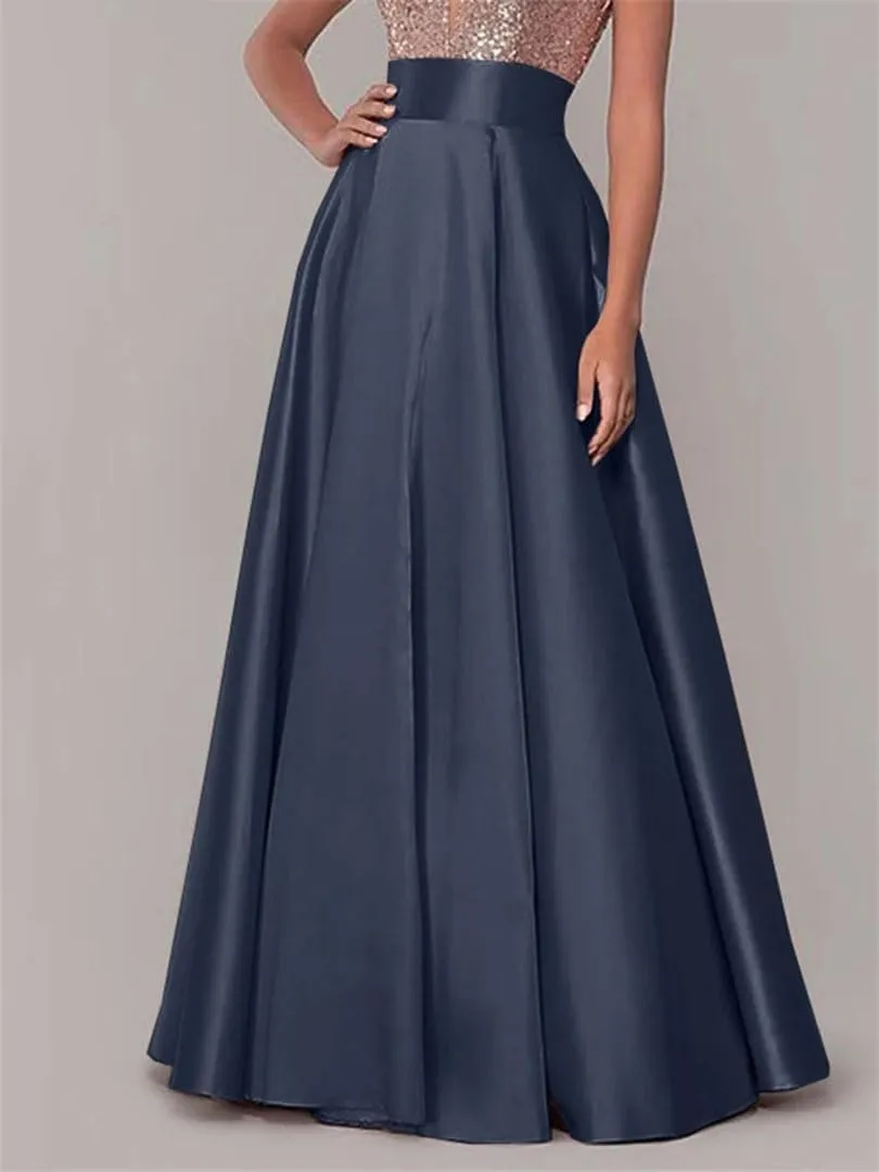 Women Summer OL Satin Skirt Stylish High Waist A-Line Long Skirts Female Solid Party Maxi Skirt
