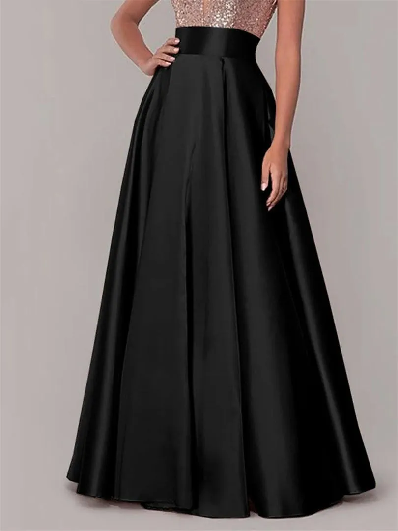 Women Summer OL Satin Skirt Stylish High Waist A-Line Long Skirts Female Solid Party Maxi Skirt