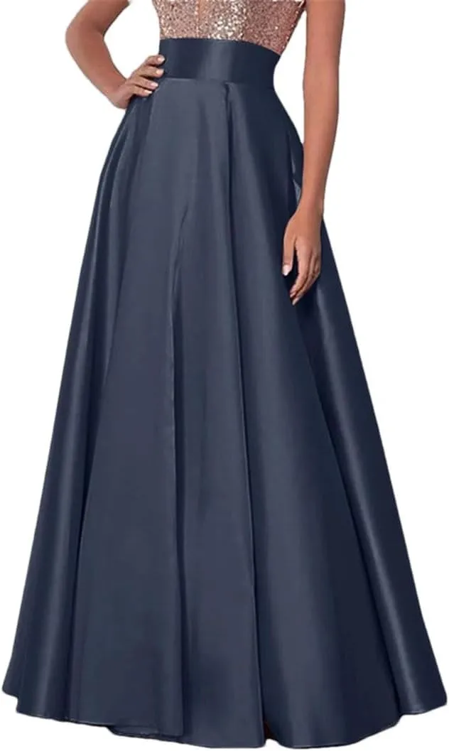 Women Summer OL Satin Skirt Stylish High Waist A-Line Long Skirts Female Solid Party Maxi Skirt