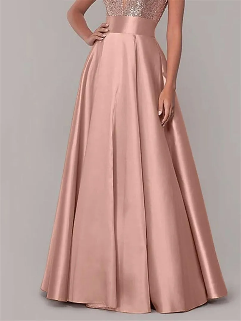 Women Summer OL Satin Skirt Stylish High Waist A-Line Long Skirts Female Solid Party Maxi Skirt