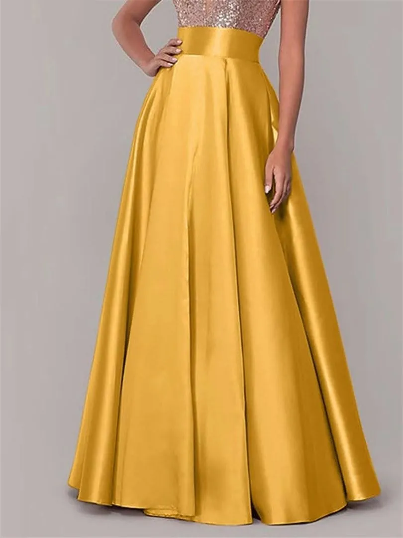 Women Summer OL Satin Skirt Stylish High Waist A-Line Long Skirts Female Solid Party Maxi Skirt