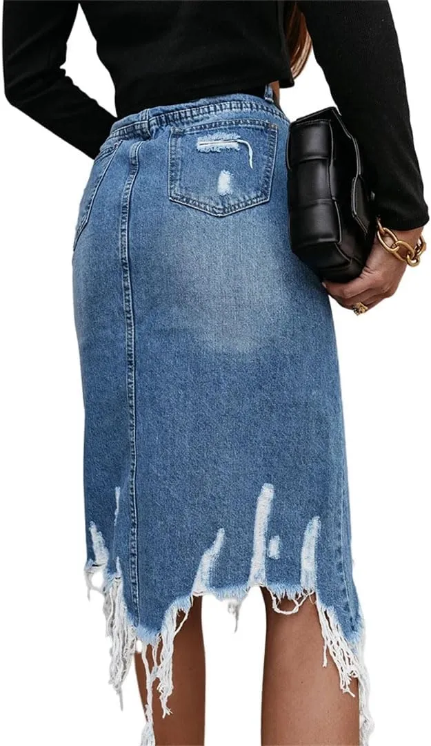 Women Vintage Loose Chic Skirts Elegant High Waist Long Skirt Blue Denim Skirt