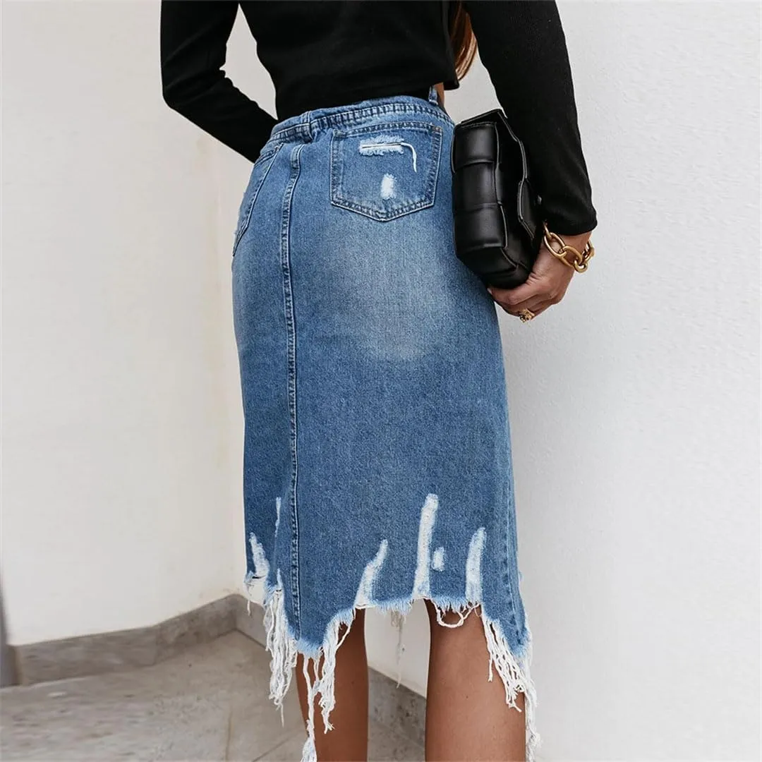 Women Vintage Loose Chic Skirts Elegant High Waist Long Skirt Blue Denim Skirt