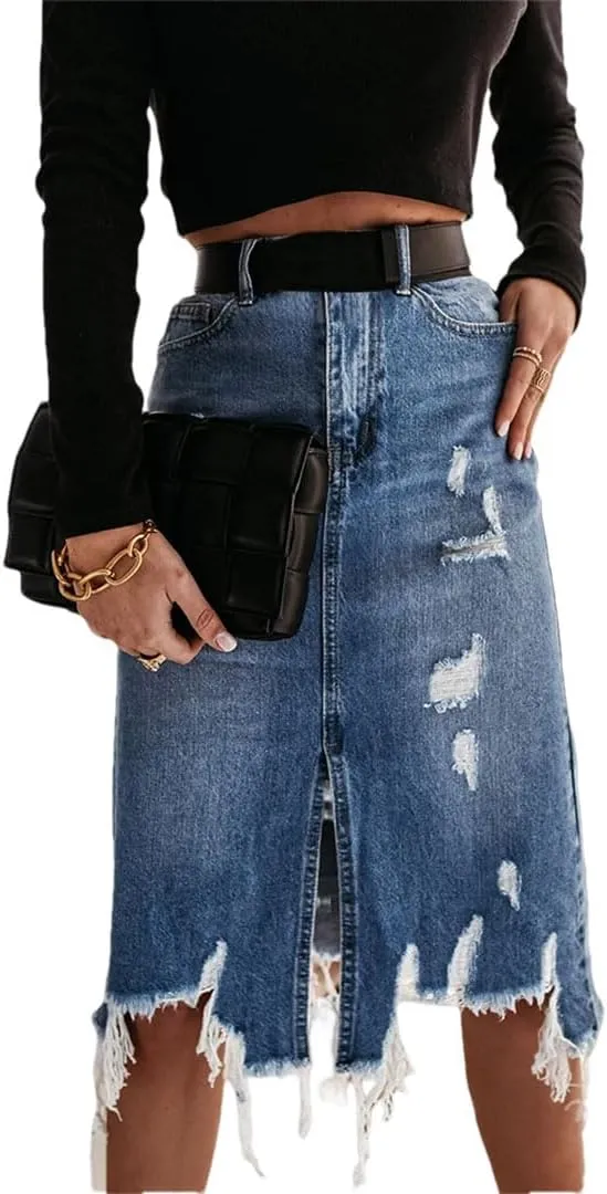 Women Vintage Loose Chic Skirts Elegant High Waist Long Skirt Blue Denim Skirt