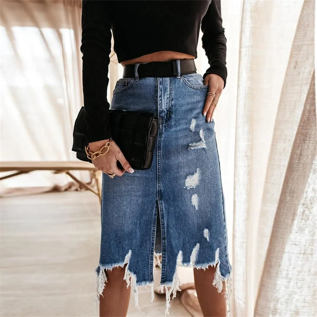 Women Vintage Loose Chic Skirts Elegant High Waist Long Skirt Blue Denim Skirt