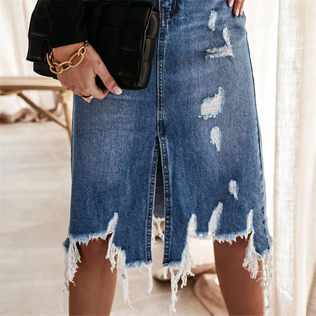Women Vintage Loose Chic Skirts Elegant High Waist Long Skirt Blue Denim Skirt