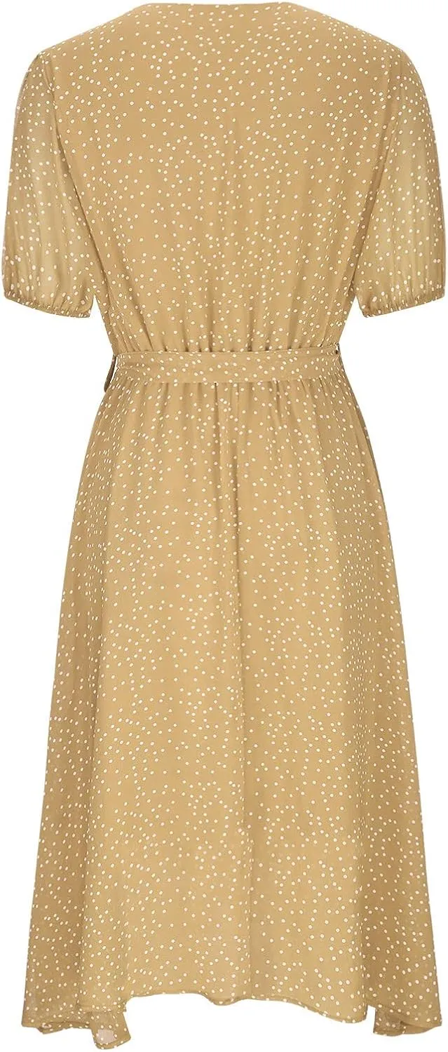 Womens 2024 Summer Dresses Polka Dot Short Sleeve V Neck Tunic Dress A-line Loose Casual Flowy Dress Beach Vacation Dress