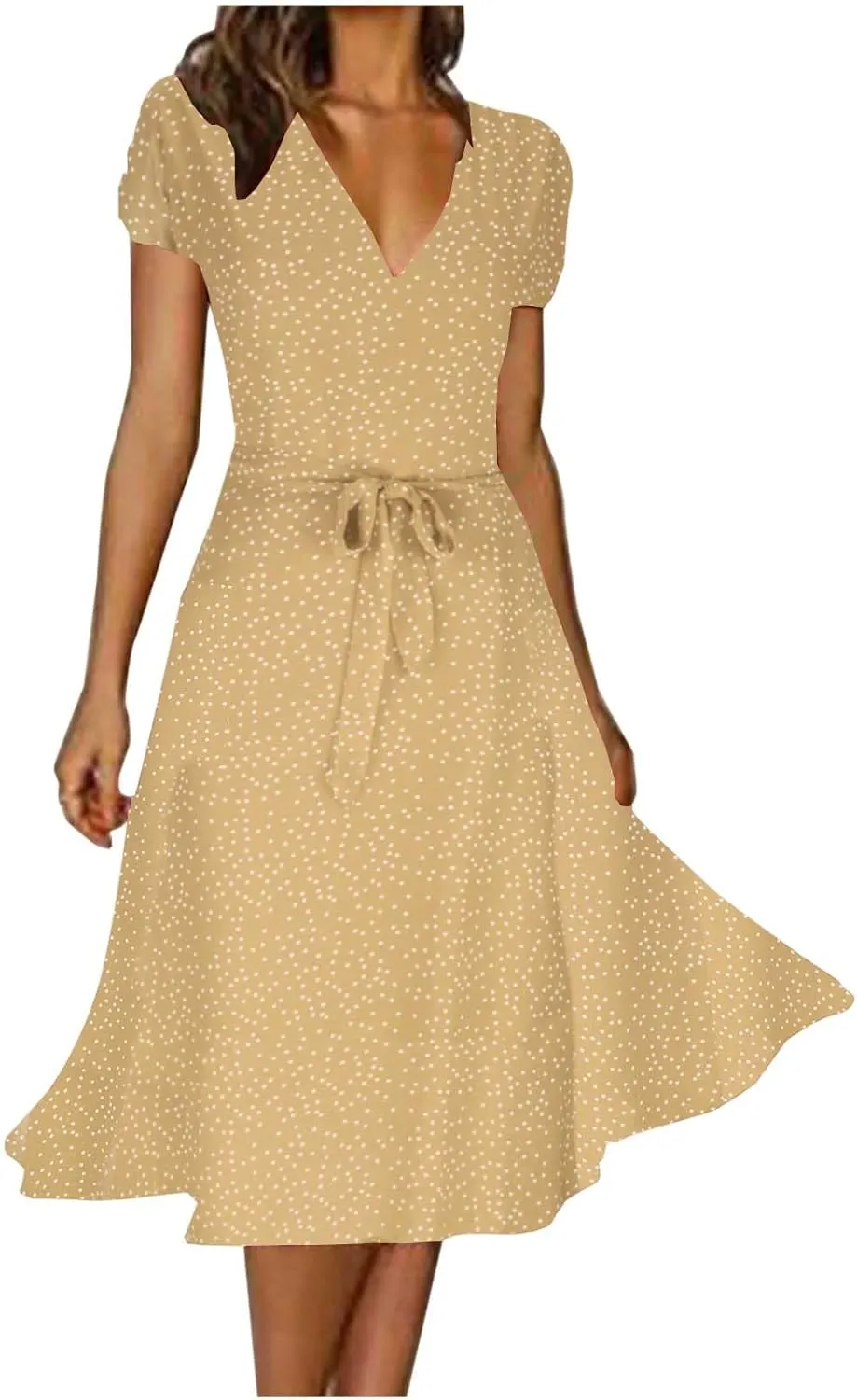 Womens 2024 Summer Dresses Polka Dot Short Sleeve V Neck Tunic Dress A-line Loose Casual Flowy Dress Beach Vacation Dress