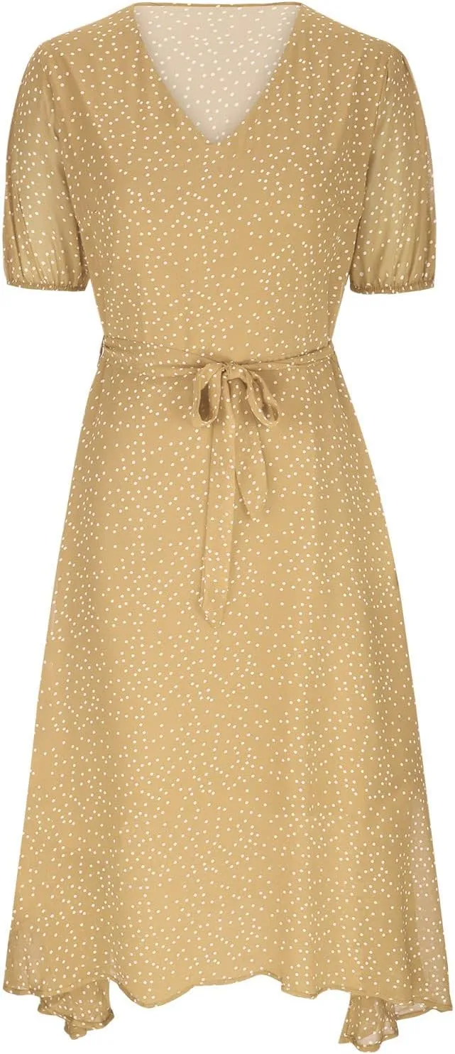 Womens 2024 Summer Dresses Polka Dot Short Sleeve V Neck Tunic Dress A-line Loose Casual Flowy Dress Beach Vacation Dress