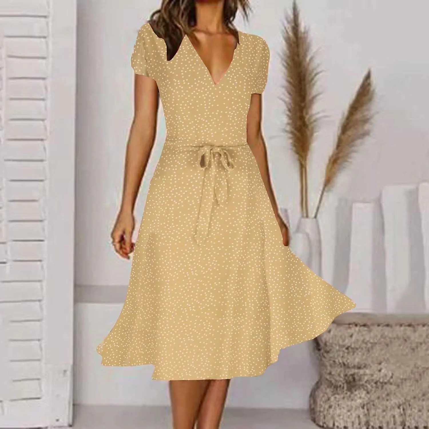 Womens 2024 Summer Dresses Polka Dot Short Sleeve V Neck Tunic Dress A-line Loose Casual Flowy Dress Beach Vacation Dress