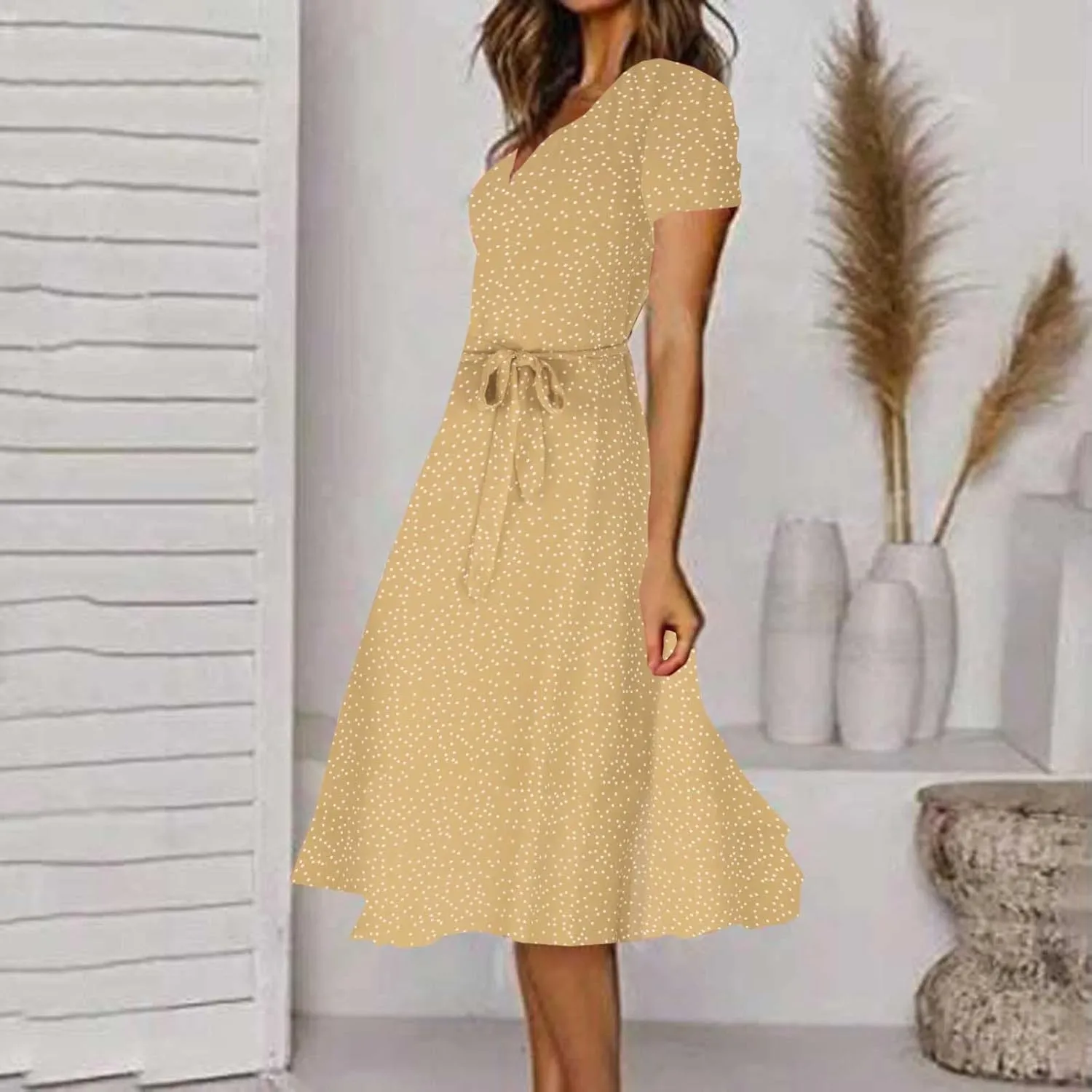 Womens 2024 Summer Dresses Polka Dot Short Sleeve V Neck Tunic Dress A-line Loose Casual Flowy Dress Beach Vacation Dress