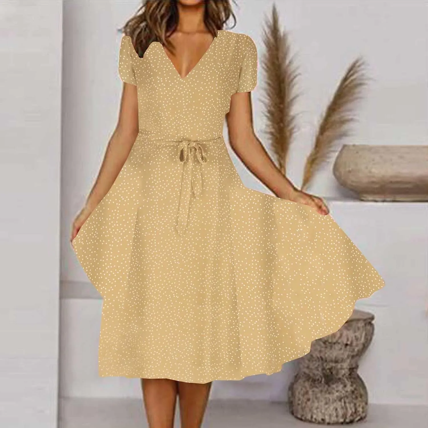 Womens 2024 Summer Dresses Polka Dot Short Sleeve V Neck Tunic Dress A-line Loose Casual Flowy Dress Beach Vacation Dress