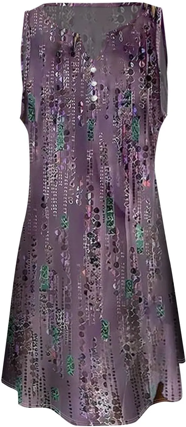 Women's Boho Midi Dress 2024 Summer Casual Sleeveless Button V Neck Trendy Dress Plus Size Floral Sexy Party Dress