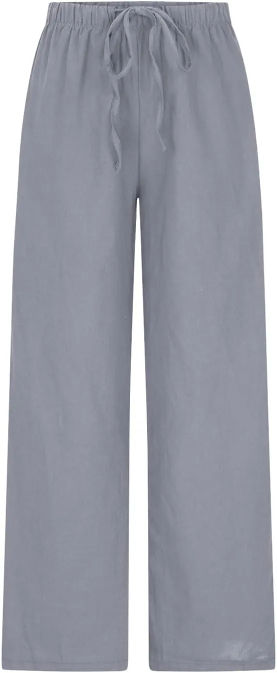 Women's Casual Solid Color Linen Trousers Comfortable Elastic High Waist Wide Leg Casual Straight Length Pants 2025