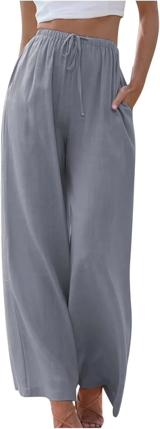 Women's Casual Solid Color Linen Trousers Comfortable Elastic High Waist Wide Leg Casual Straight Length Pants 2025