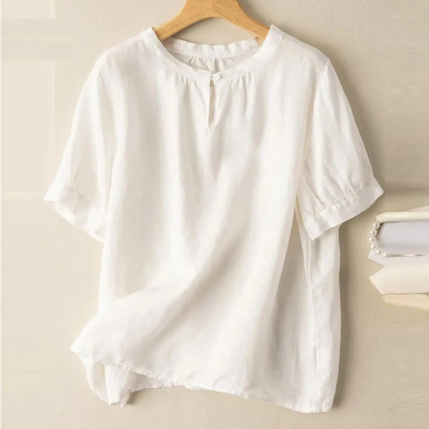 Women's Cotton Linen Summer Tops Crewneck Casual Loose Solid Color Dressy Blouse Soft Short Sleeve Basic Tee Shirts