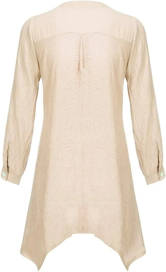 Women's Linen Shirts Summer Linen Solid Color Long Sleeve Tunic Tops Casual Plus Size Soft Crew Neck Tee Tops