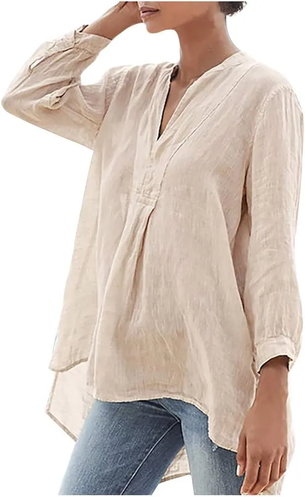 Women's Linen Shirts Summer Linen Solid Color Long Sleeve Tunic Tops Casual Plus Size Soft Crew Neck Tee Tops