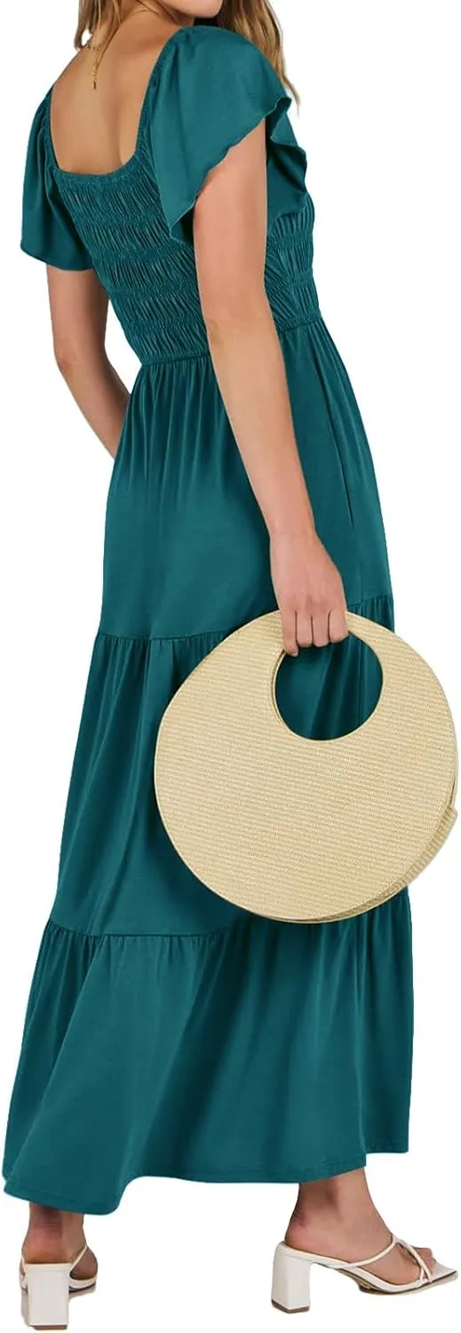 Womens Maxi Dress Round Neck Ruffle Sleeve Long Dresses Empire Waist Tiered A-Line Dress Casual Boho Flowy Dresses