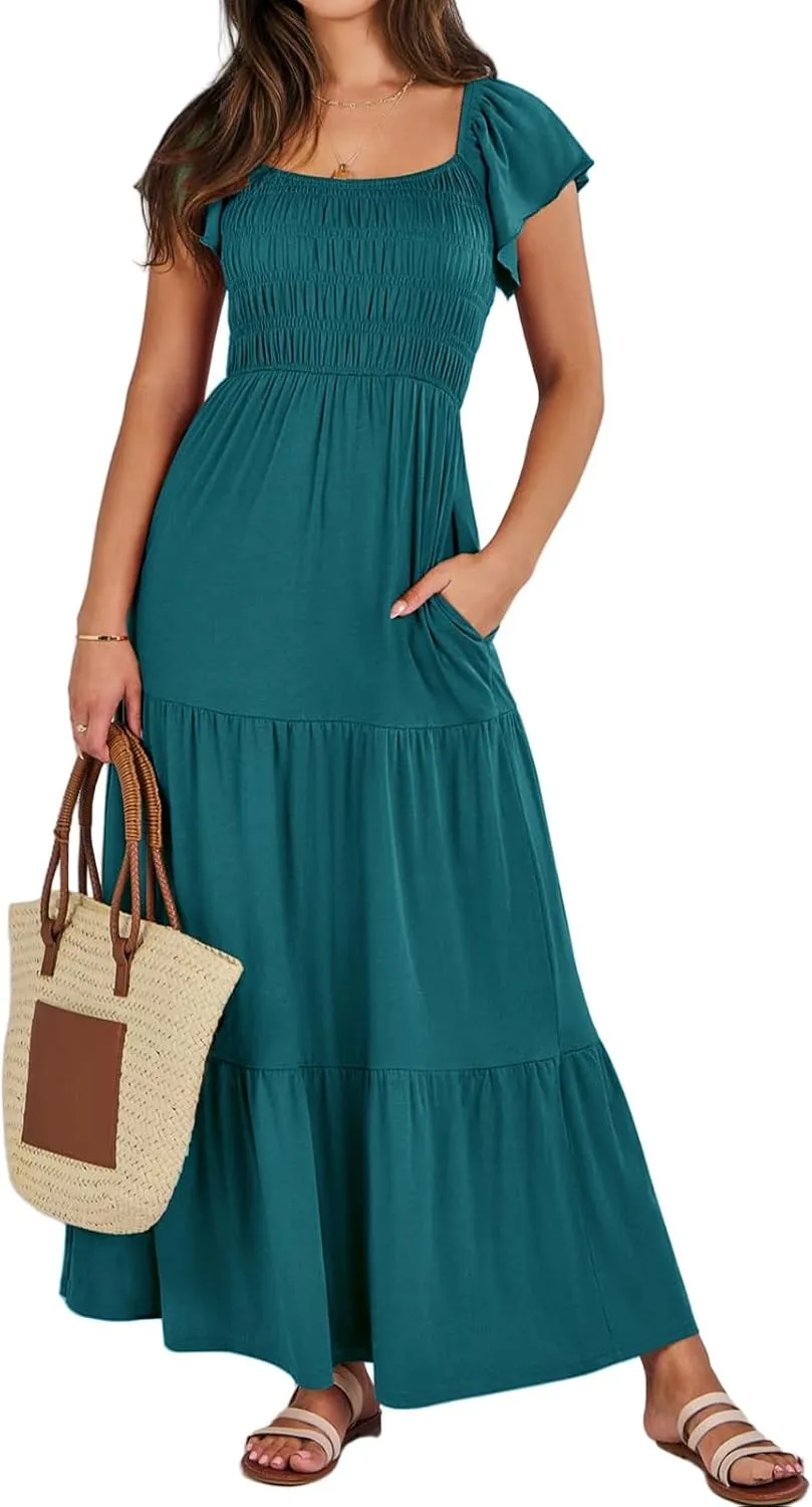 Womens Maxi Dress Round Neck Ruffle Sleeve Long Dresses Empire Waist Tiered A-Line Dress Casual Boho Flowy Dresses