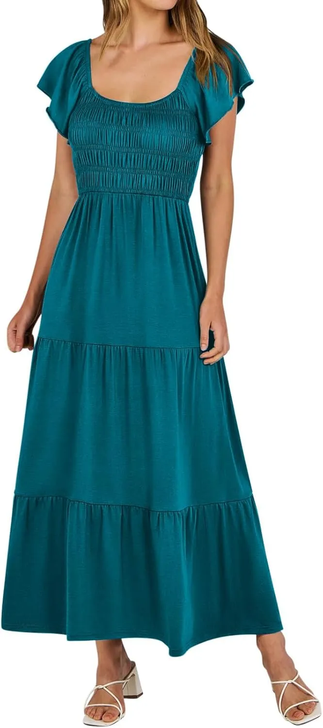 Womens Maxi Dress Round Neck Ruffle Sleeve Long Dresses Empire Waist Tiered A-Line Dress Casual Boho Flowy Dresses