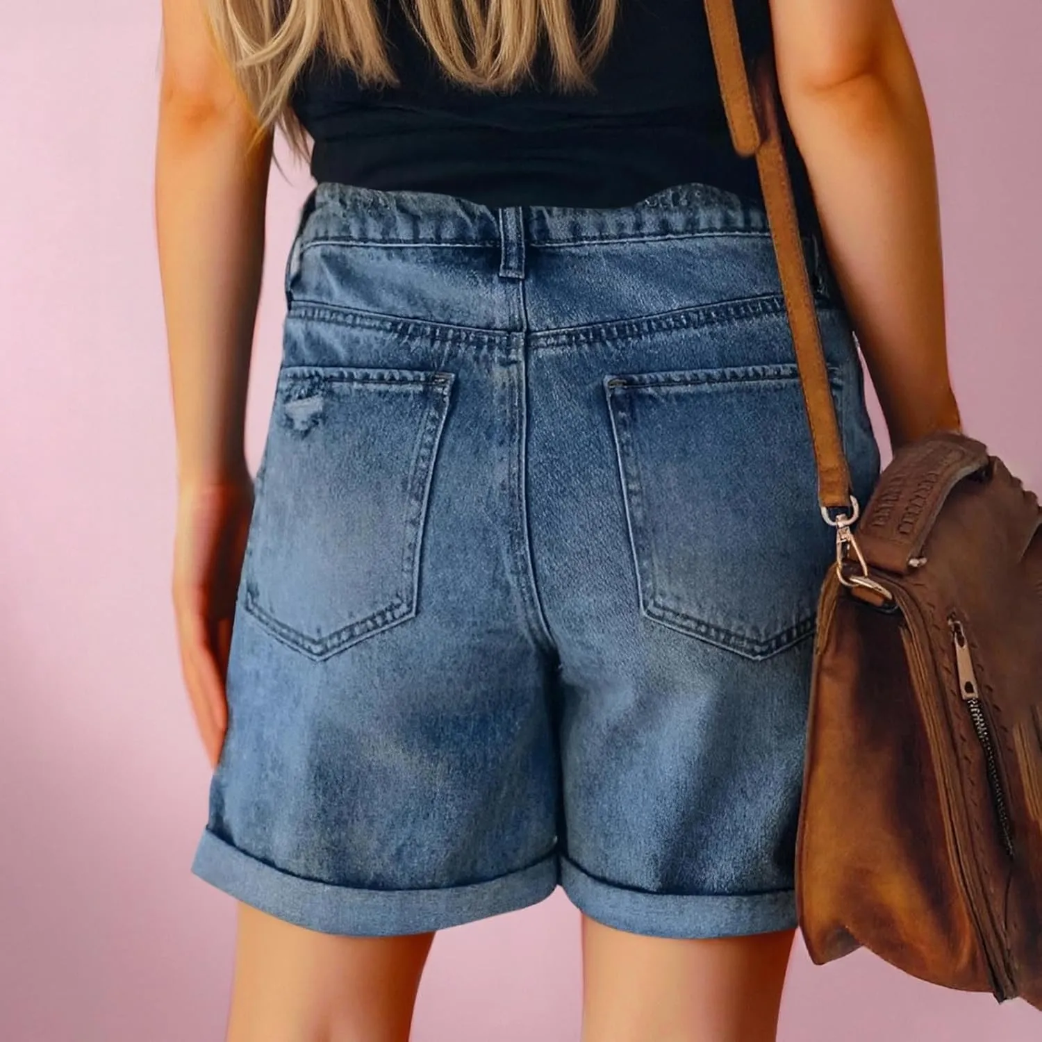 Women's Mid-High Waisted Ripped Denim Shorts Comfortable Ripped Jean Shorts Cutoff Stretchy Summer Hot Short Pants