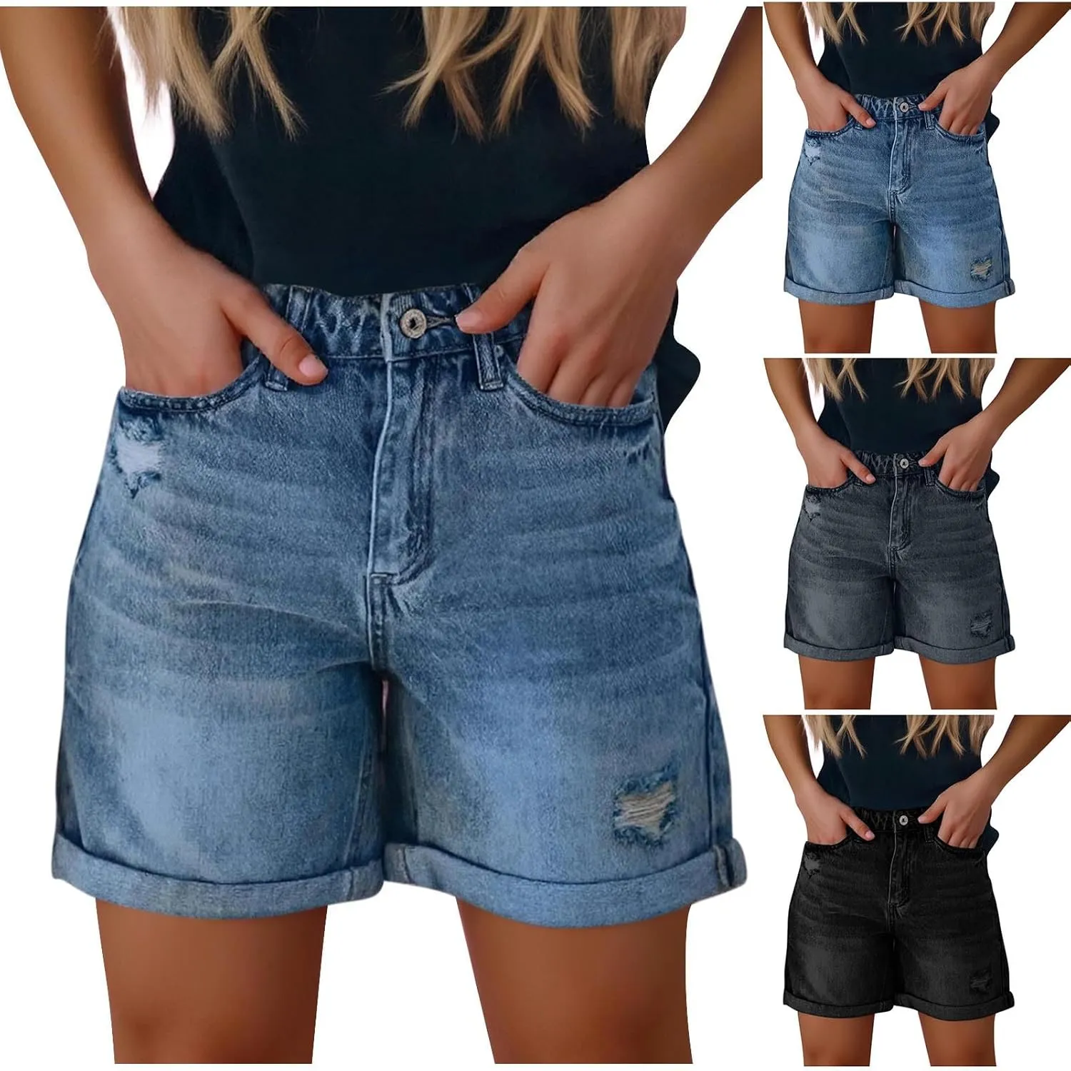 Women's Mid-High Waisted Ripped Denim Shorts Comfortable Ripped Jean Shorts Cutoff Stretchy Summer Hot Short Pants