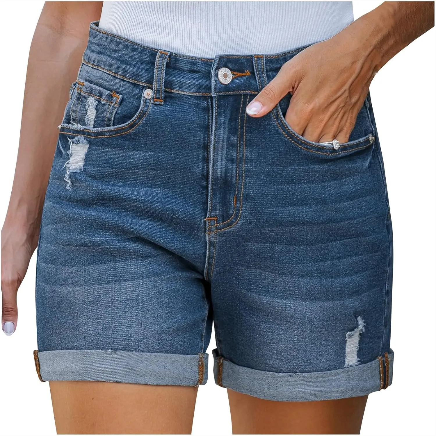 Women's Mid-High Waisted Ripped Denim Shorts Comfortable Ripped Jean Shorts Cutoff Stretchy Summer Hot Short Pants