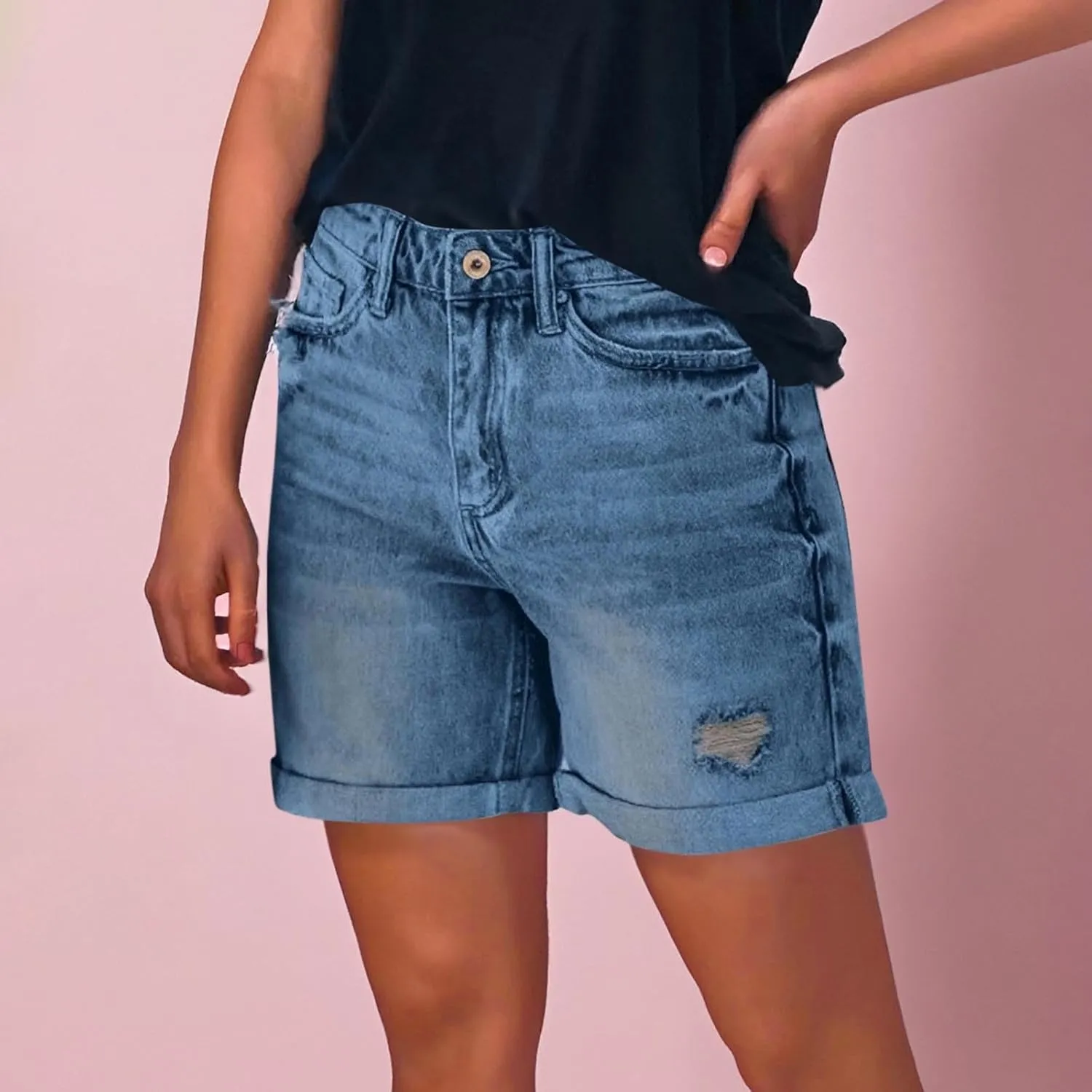 Women's Mid-High Waisted Ripped Denim Shorts Comfortable Ripped Jean Shorts Cutoff Stretchy Summer Hot Short Pants