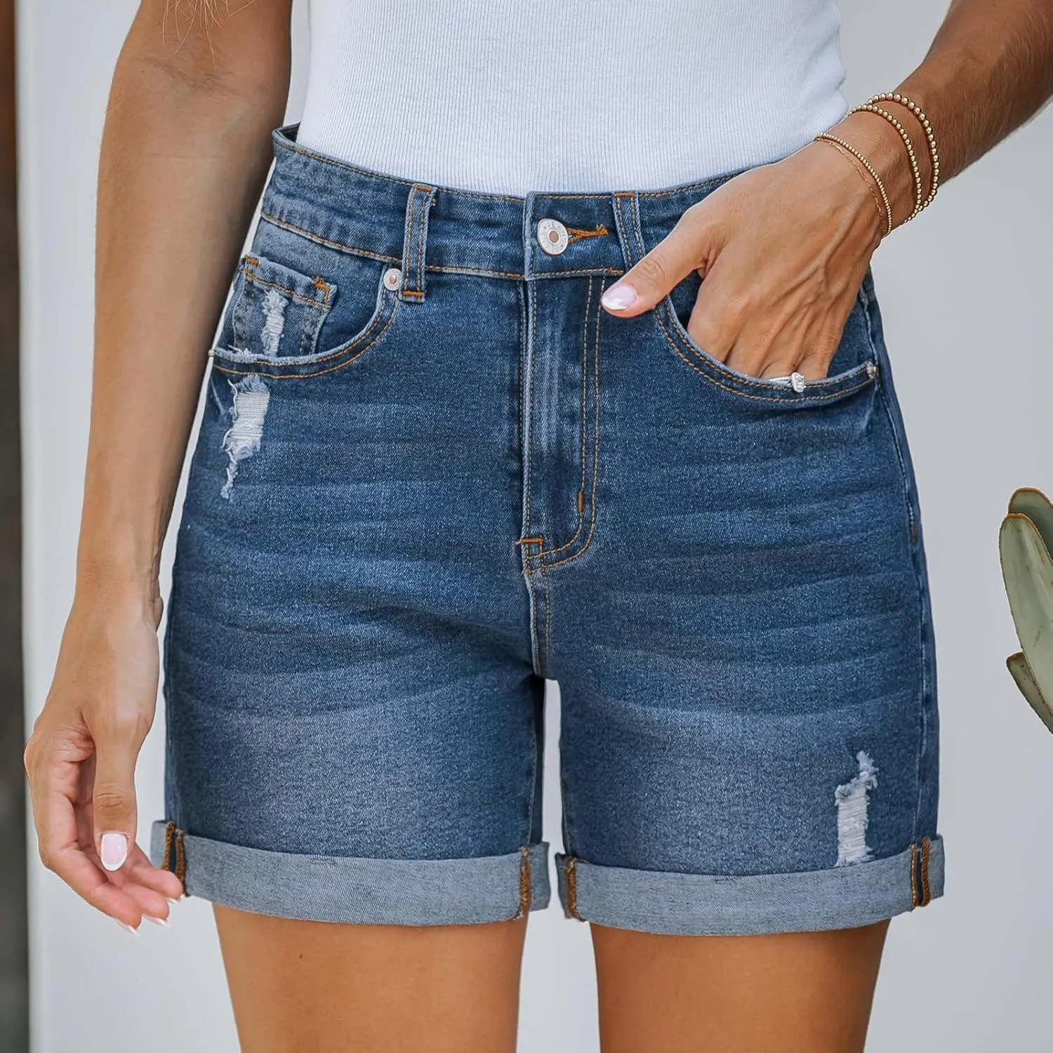 Women's Mid-High Waisted Ripped Denim Shorts Comfortable Ripped Jean Shorts Cutoff Stretchy Summer Hot Short Pants