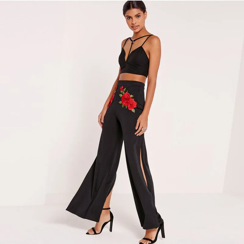 Women's Pants With Slits & Floral Embroidery