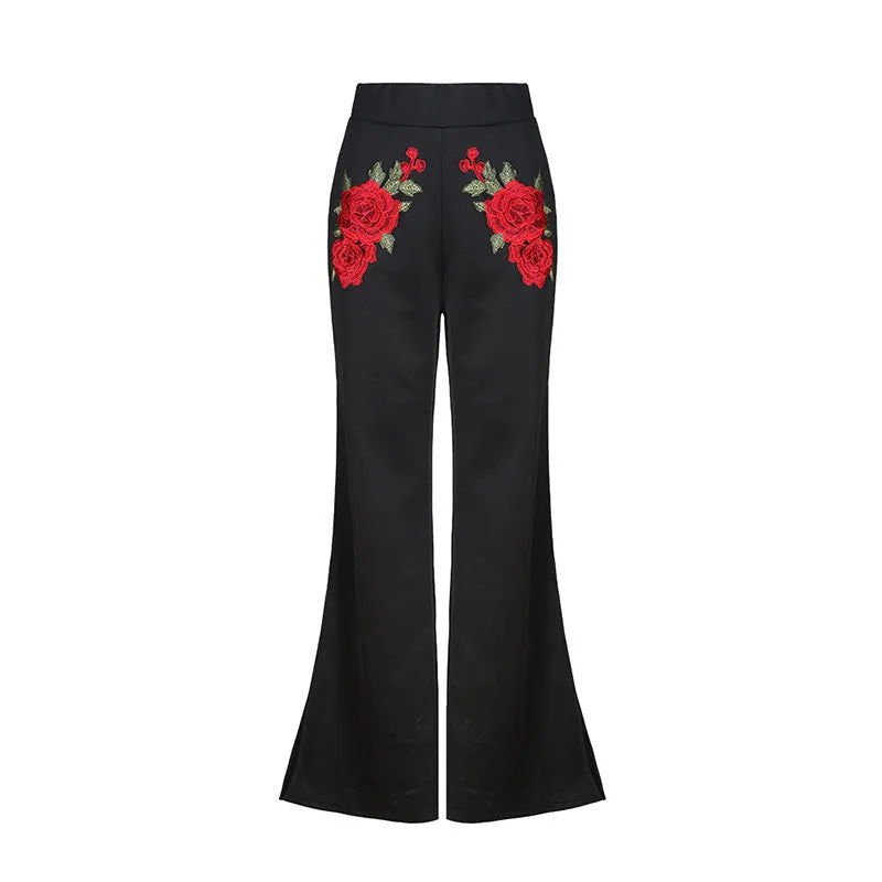 Women's Pants With Slits & Floral Embroidery