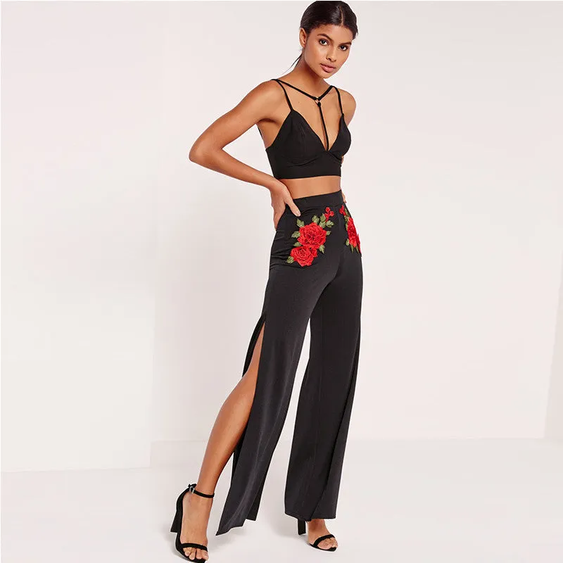 Women's Pants With Slits & Floral Embroidery