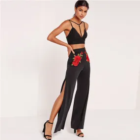 Women's Pants With Slits & Floral Embroidery