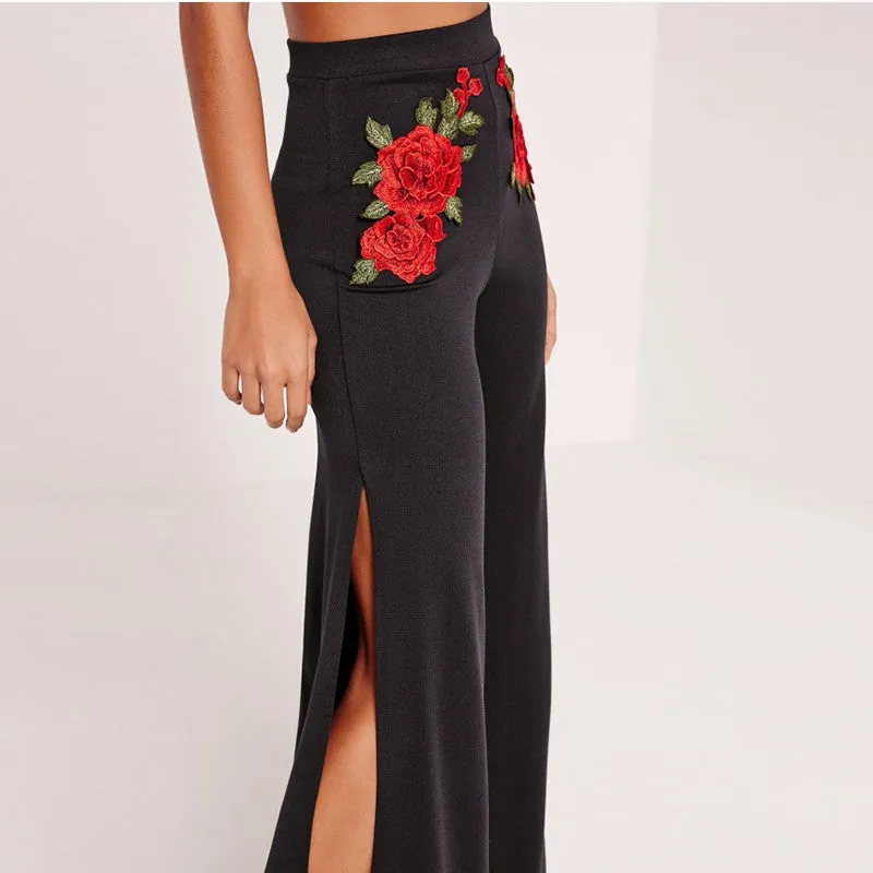 Women's Pants With Slits & Floral Embroidery