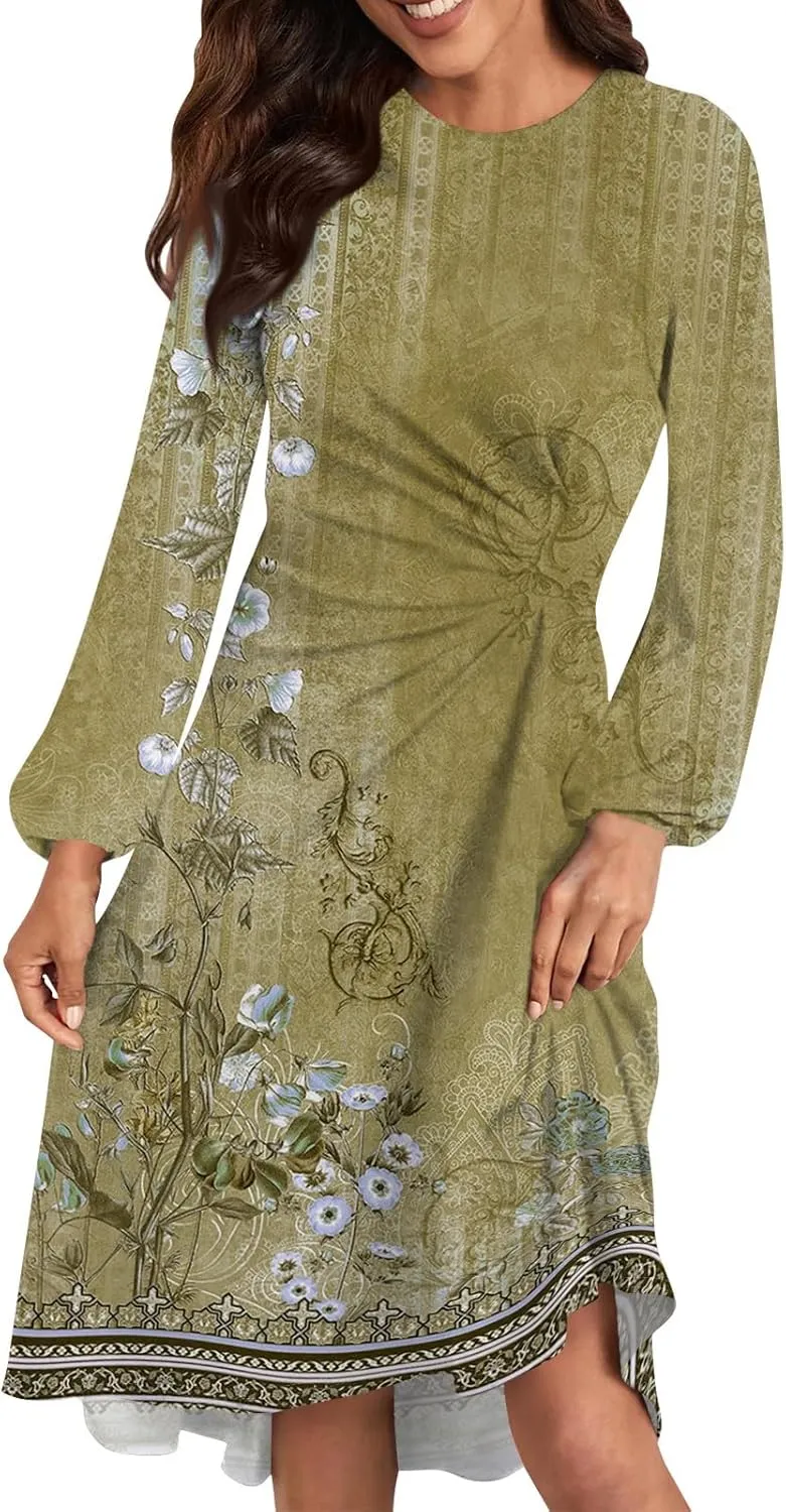 Womens Spring Fashion 2025 Dress Long Sleeve Midi O Neck Cute Boho Work Elegant Fitted Cruise Dress