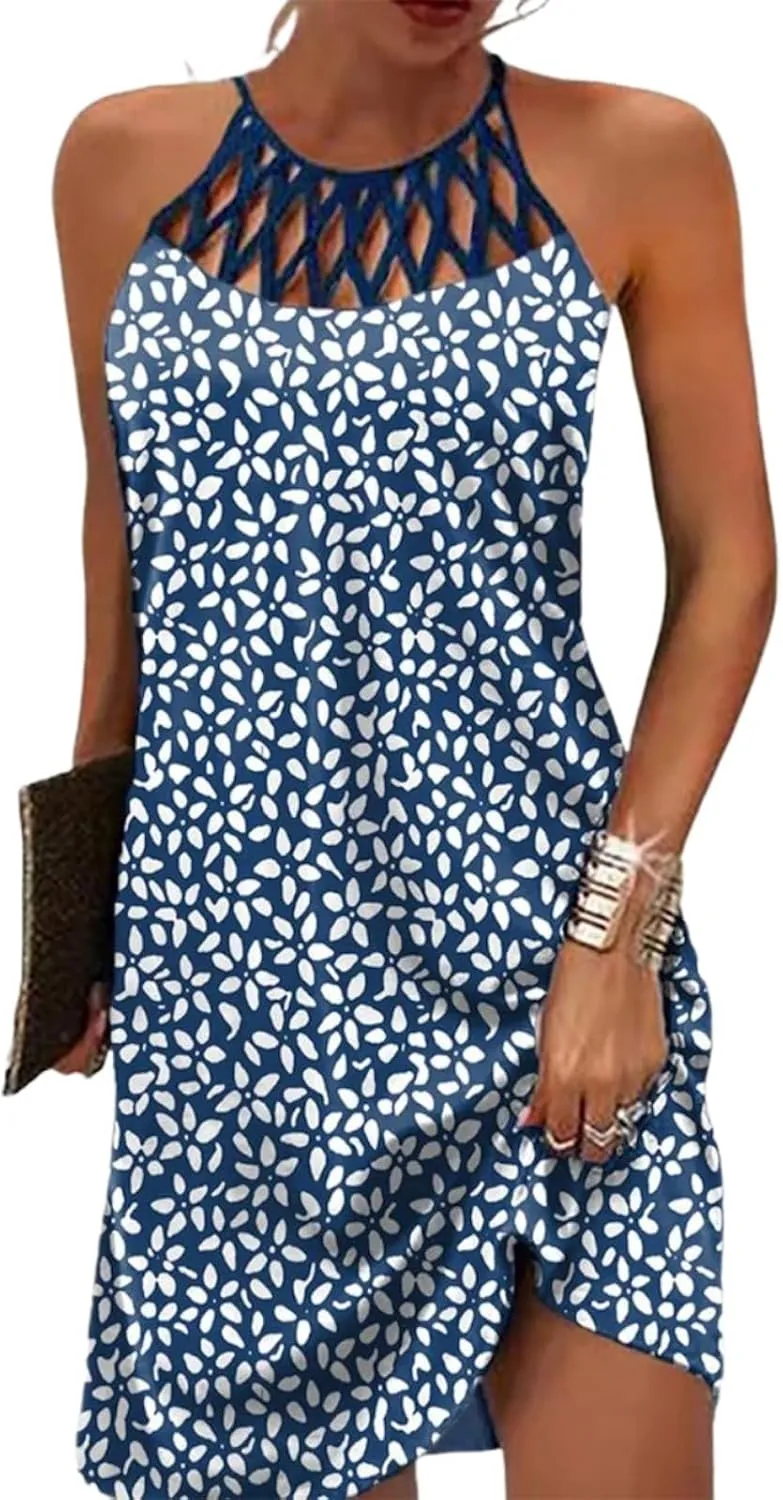 Women's Stylish Summer Dress Leaf Printed Halter Neck Mini Dress Sleeveless Casual Shift Sundress Party Outfit