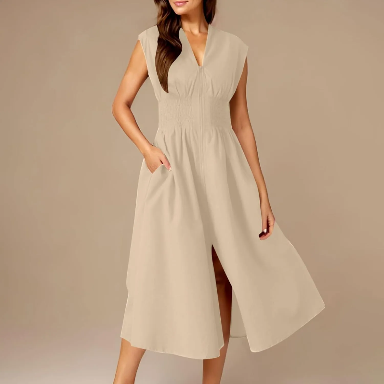 Womens Summer Dress 2025 Casual V Neck Cap Sleeve Plain Dress Zipper Front Flowy Midi Dress with Pockets