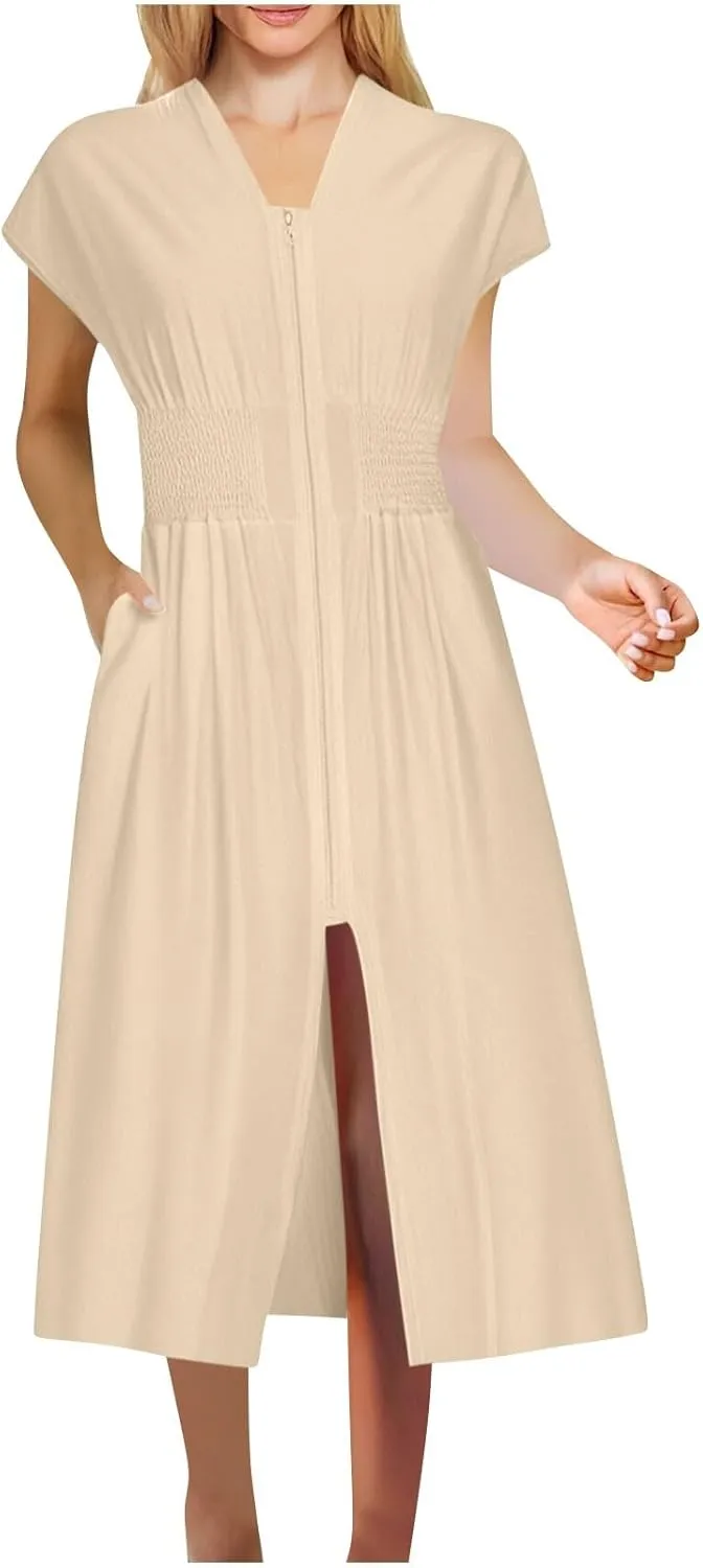 Womens Summer Dress 2025 Casual V Neck Cap Sleeve Plain Dress Zipper Front Flowy Midi Dress with Pockets
