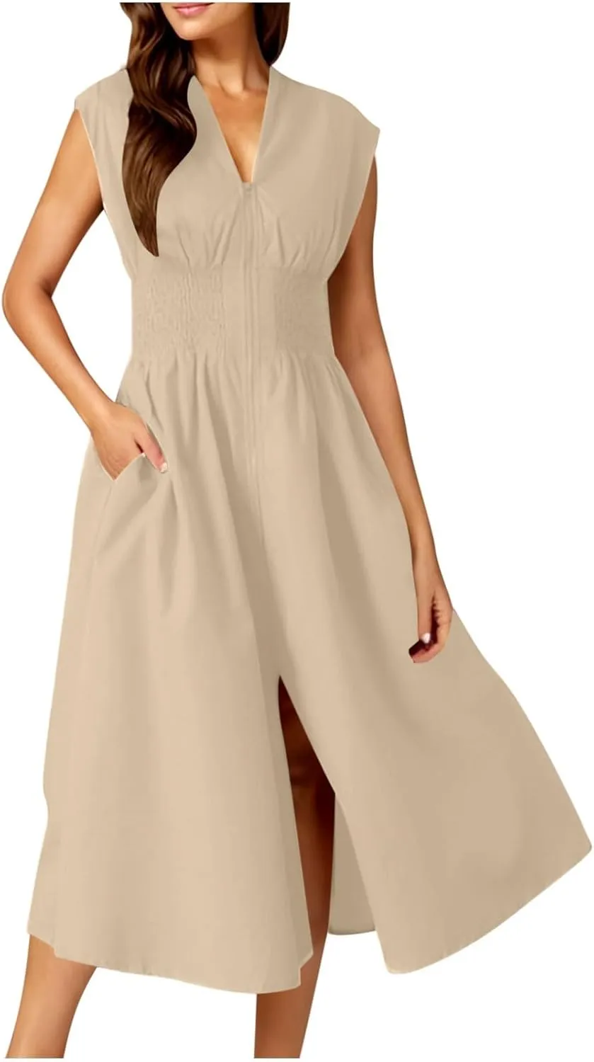 Womens Summer Dress 2025 Casual V Neck Cap Sleeve Plain Dress Zipper Front Flowy Midi Dress with Pockets