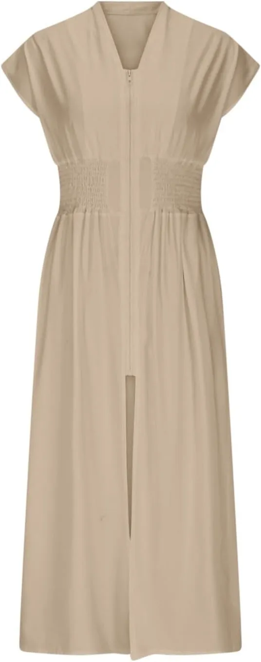 Womens Summer Dress 2025 Casual V Neck Cap Sleeve Plain Dress Zipper Front Flowy Midi Dress with Pockets