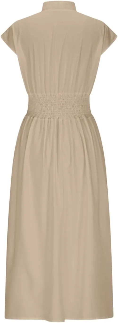 Womens Summer Dress 2025 Casual V Neck Cap Sleeve Plain Dress Zipper Front Flowy Midi Dress with Pockets