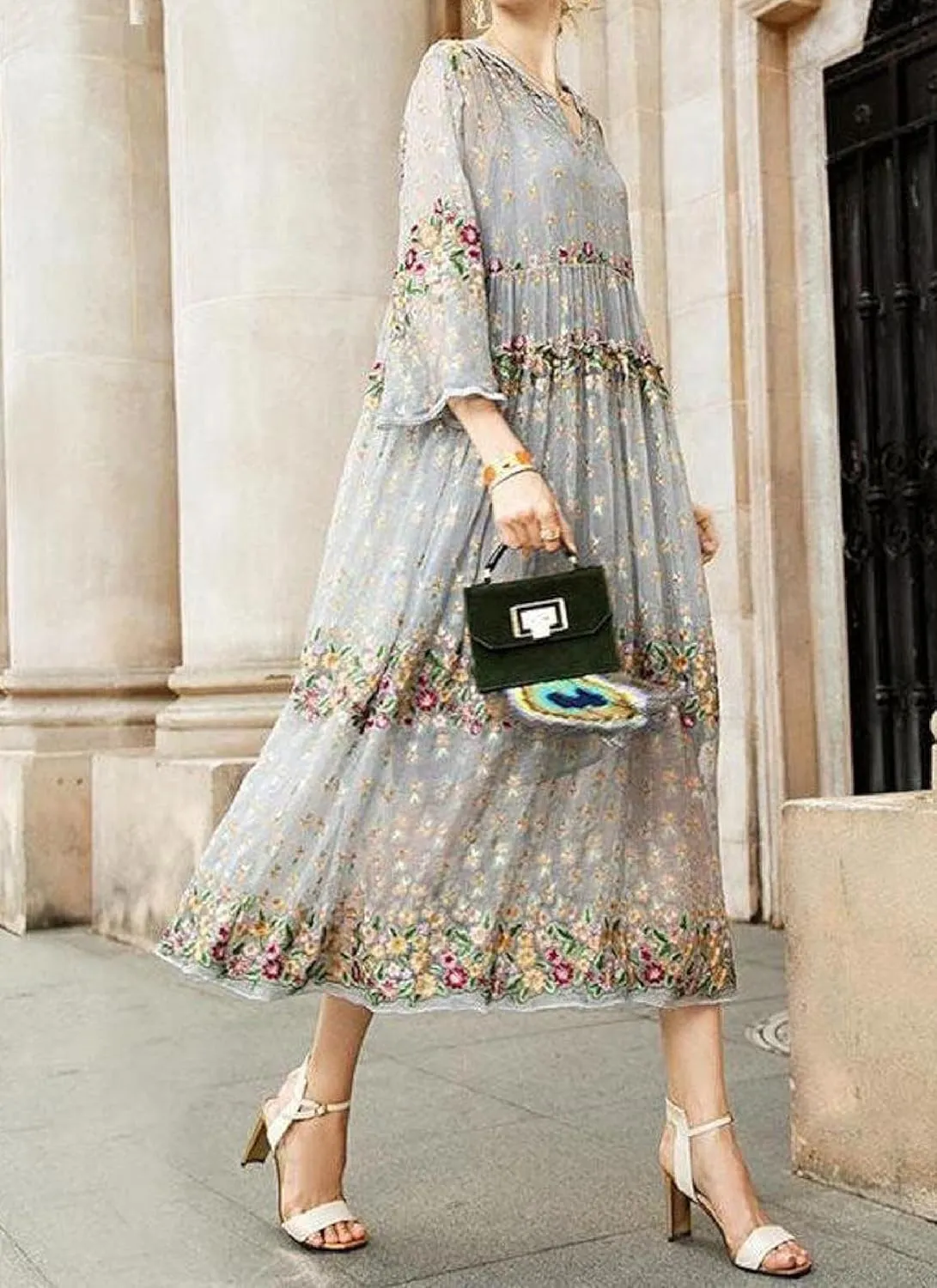Women's Summer Layer Boho Floral Print Travel Midi Dress Stylish Hoodie 3/4 Sheer Bell Sleeve Shift Vacation Dresses