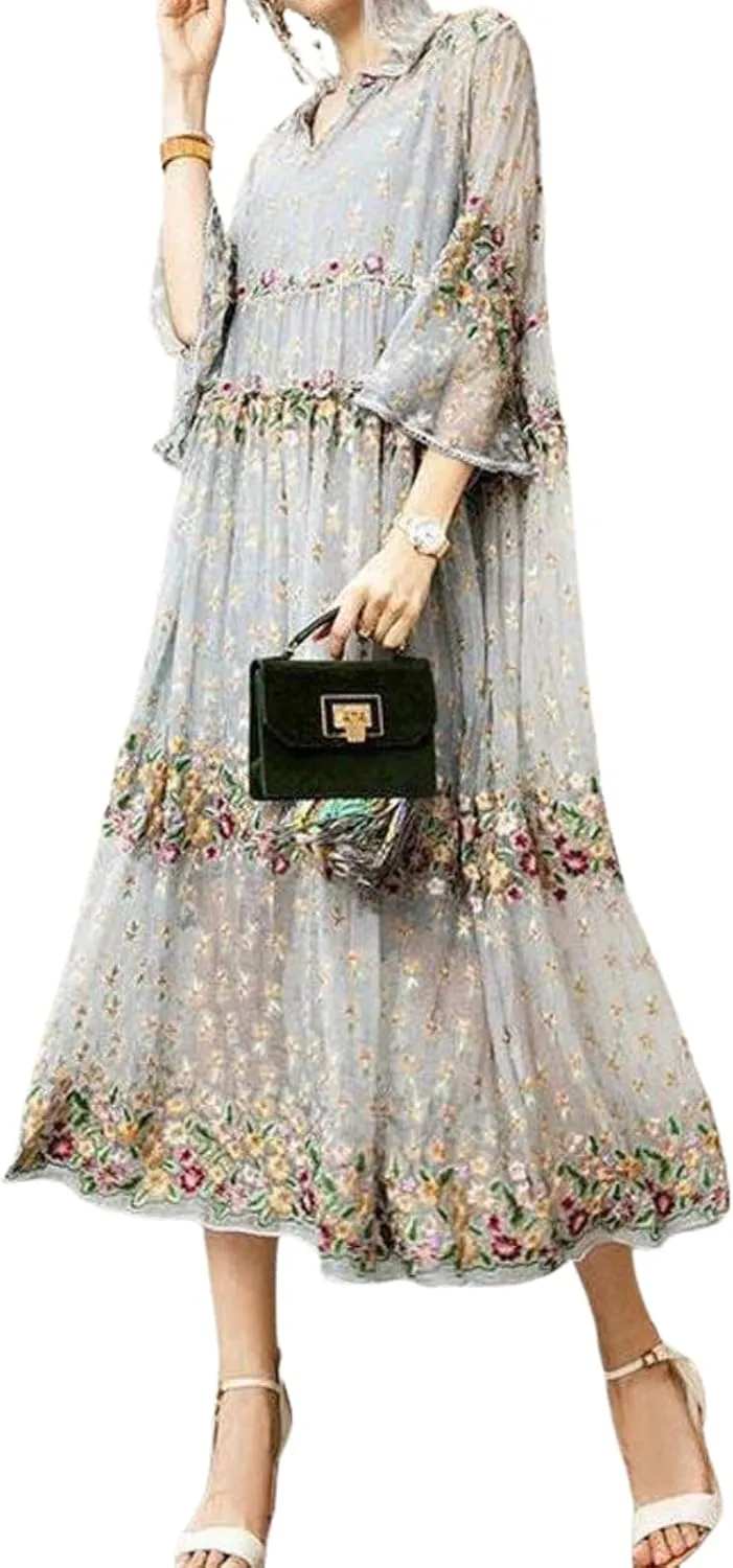 Women's Summer Layer Boho Floral Print Travel Midi Dress Stylish Hoodie 3/4 Sheer Bell Sleeve Shift Vacation Dresses